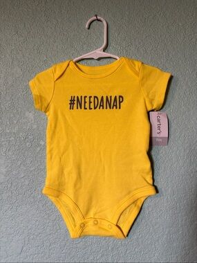 🆕 Carter's Yellow Short Sleeve Baby One-Piece with #NEEDANAP Print, 9 mos - NWT